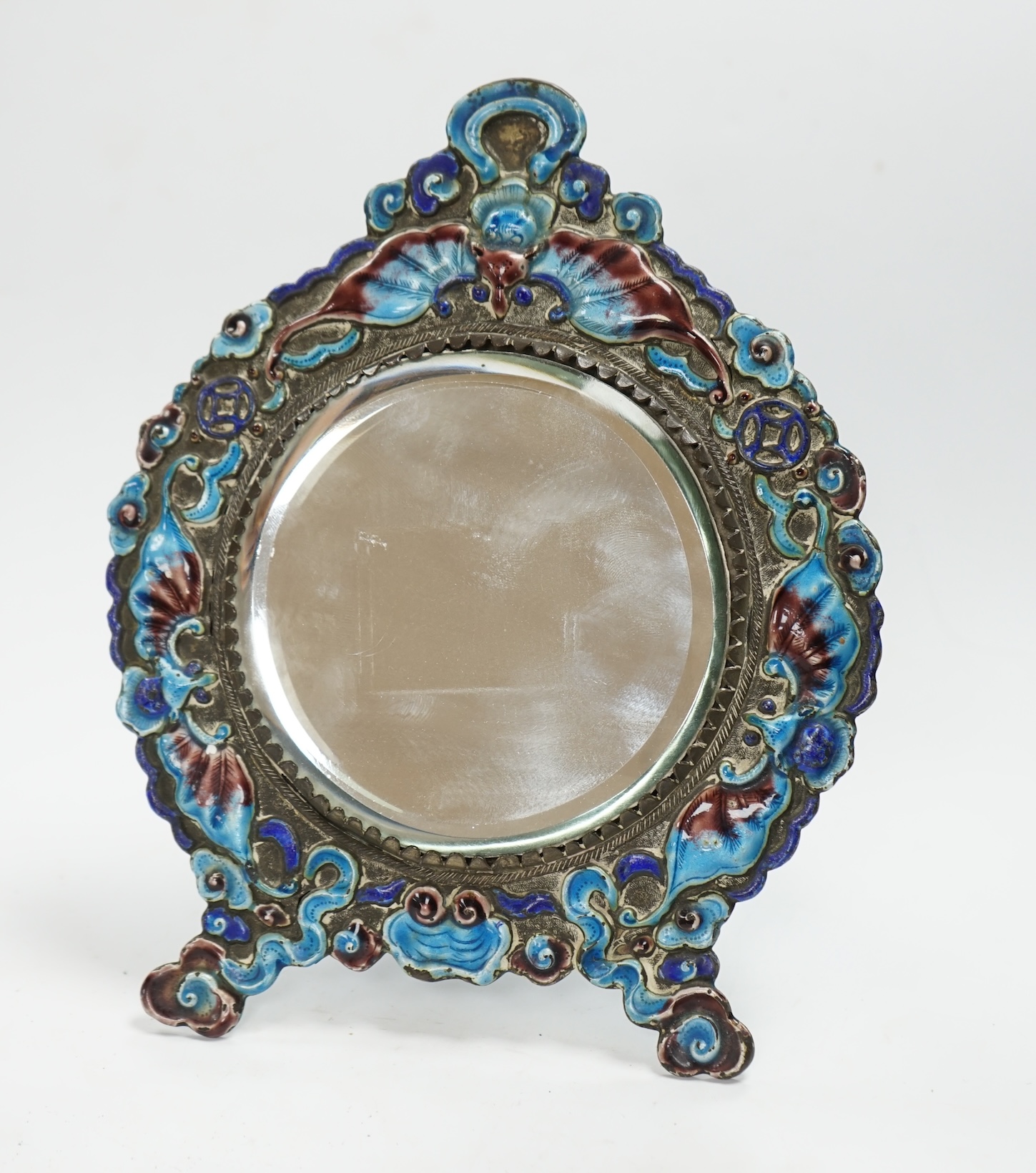 An early 20th century Chinese enamelled easel mirror, 8cm high. Condition - the metal is tarnished may need cleaning, enamel fair to good